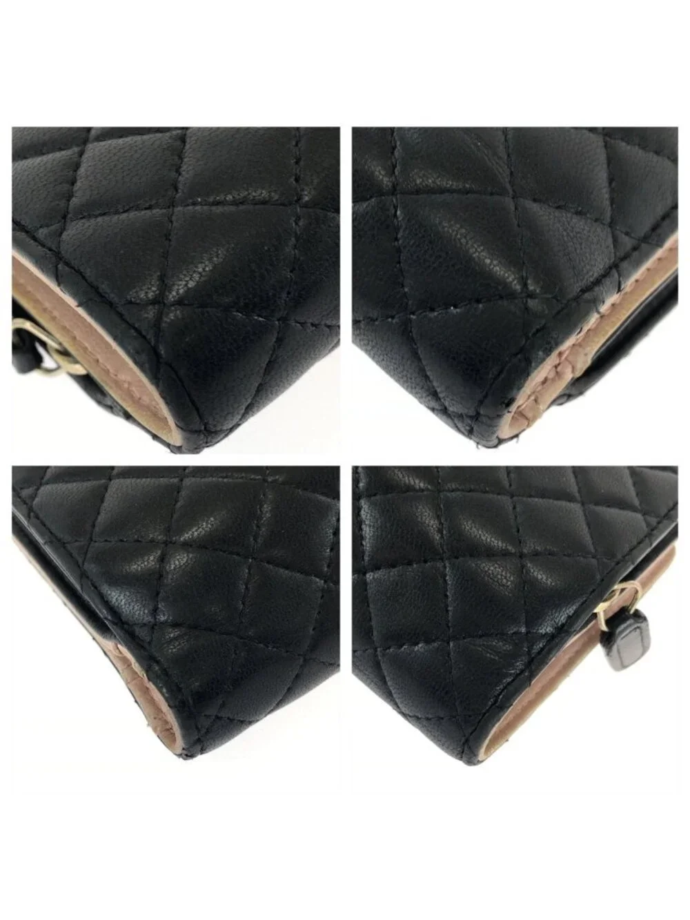 Chanel Quilted CC Logo Black Pink Gold Leather Folded Wallet Compact